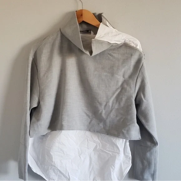 Zara Trafaluc mock neck zipper shoulder Boxy Gray & White Career blouse Sz M - Picture 4 of 7